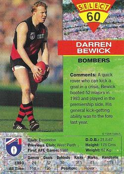 1994 Select AFL #60 Darren Bewick Back